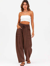 Load image into Gallery viewer, Ladies Contrast Stitching Elastic Waist Drawstring Barrel Pants
