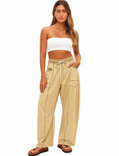 Load image into Gallery viewer, Ladies Contrast Stitching Elastic Waist Drawstring Barrel Pants
