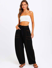 Load image into Gallery viewer, Ladies Contrast Stitching Elastic Waist Drawstring Barrel Pants
