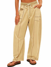 Load image into Gallery viewer, Ladies Contrast Stitching Elastic Waist Drawstring Barrel Pants
