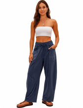 Load image into Gallery viewer, Ladies Contrast Stitching Elastic Waist Drawstring Barrel Pants
