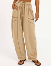 Load image into Gallery viewer, Ladies Contrast Stitching Elastic Waist Drawstring Barrel Pants
