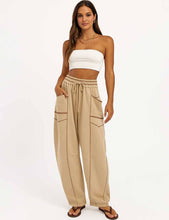 Load image into Gallery viewer, Ladies Contrast Stitching Elastic Waist Drawstring Barrel Pants
